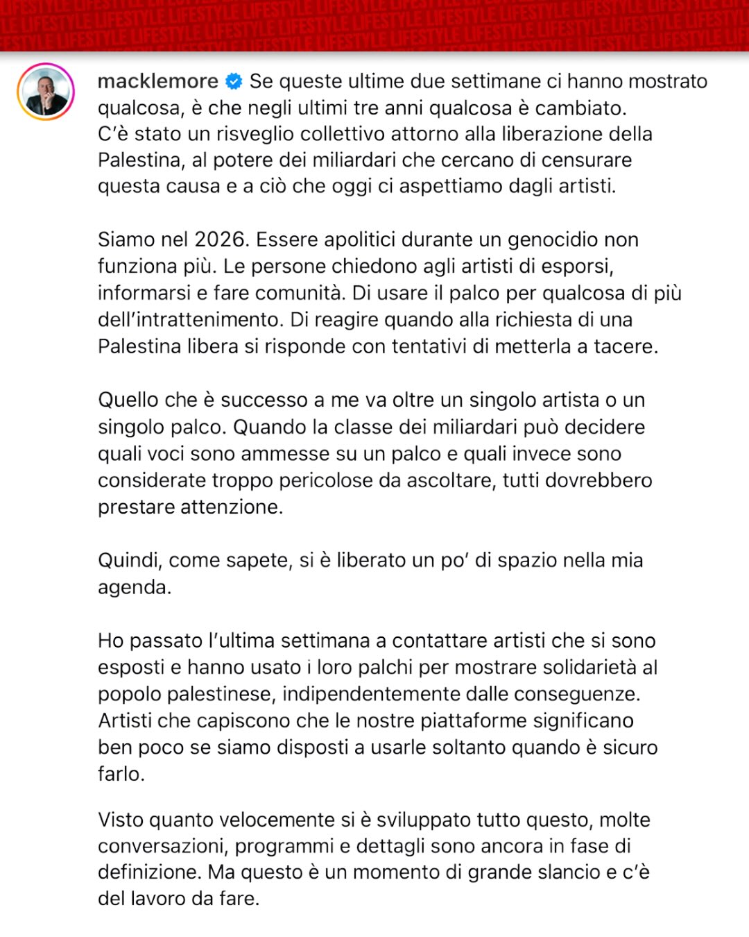 Dopo l'esclusione dal tour di Ed Sheeran Macklemore ha annunciato il "Free Palestine Tour" — 2